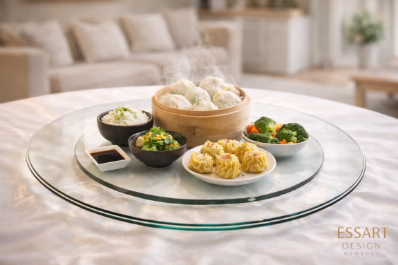 Transparente Glasdrehplatte zum Servieren von Speisen und Snacks